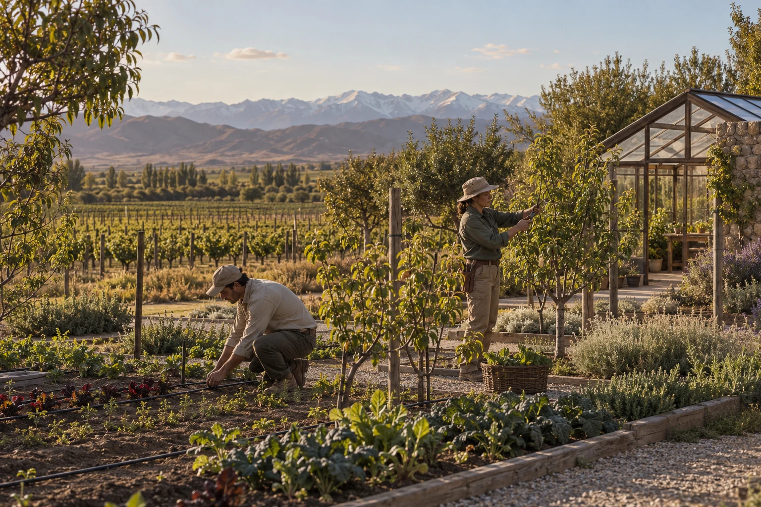 Concept of a professional estate team caring for the orchard and garden