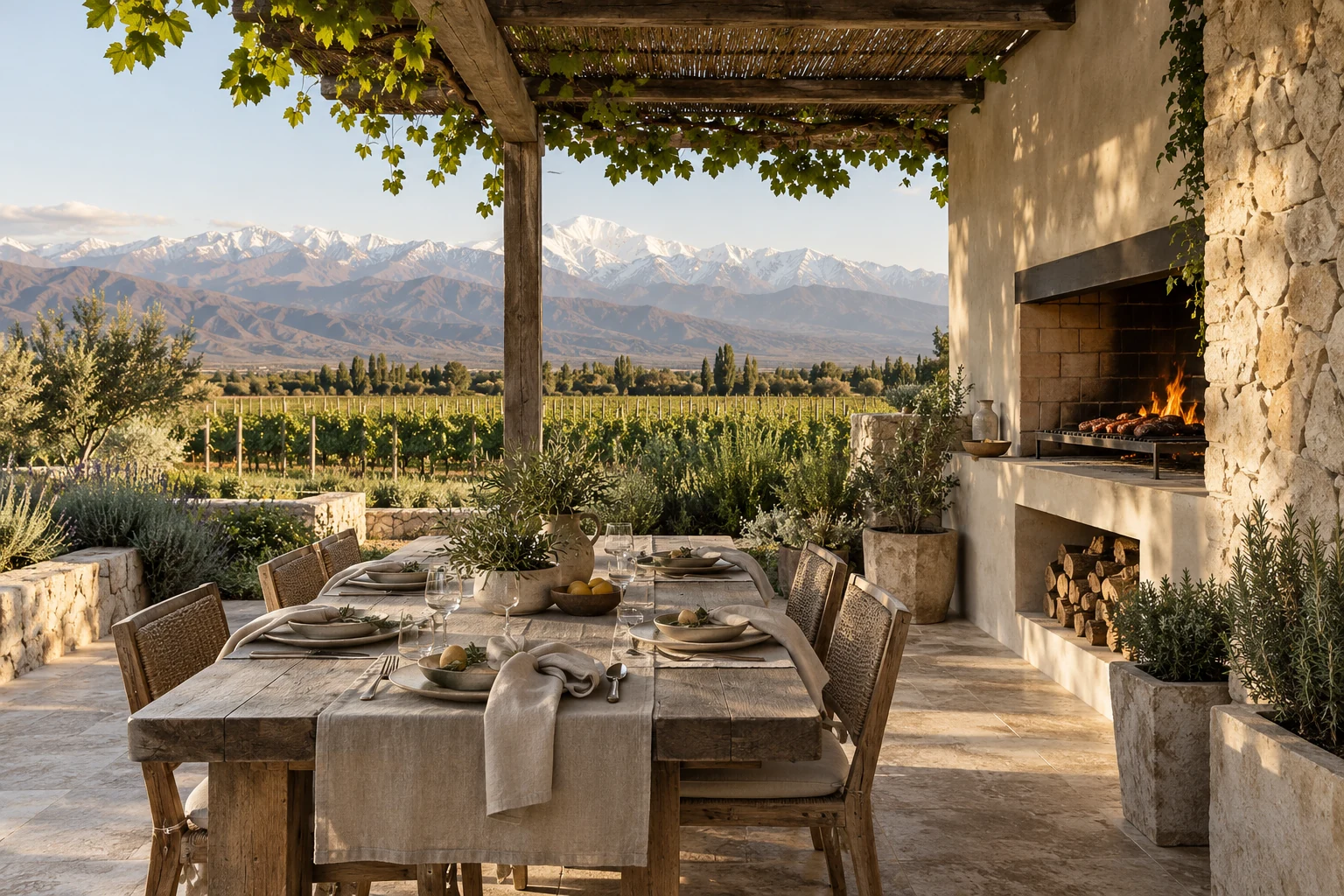 Concept of a shaded Mendoza dining terrace and asador