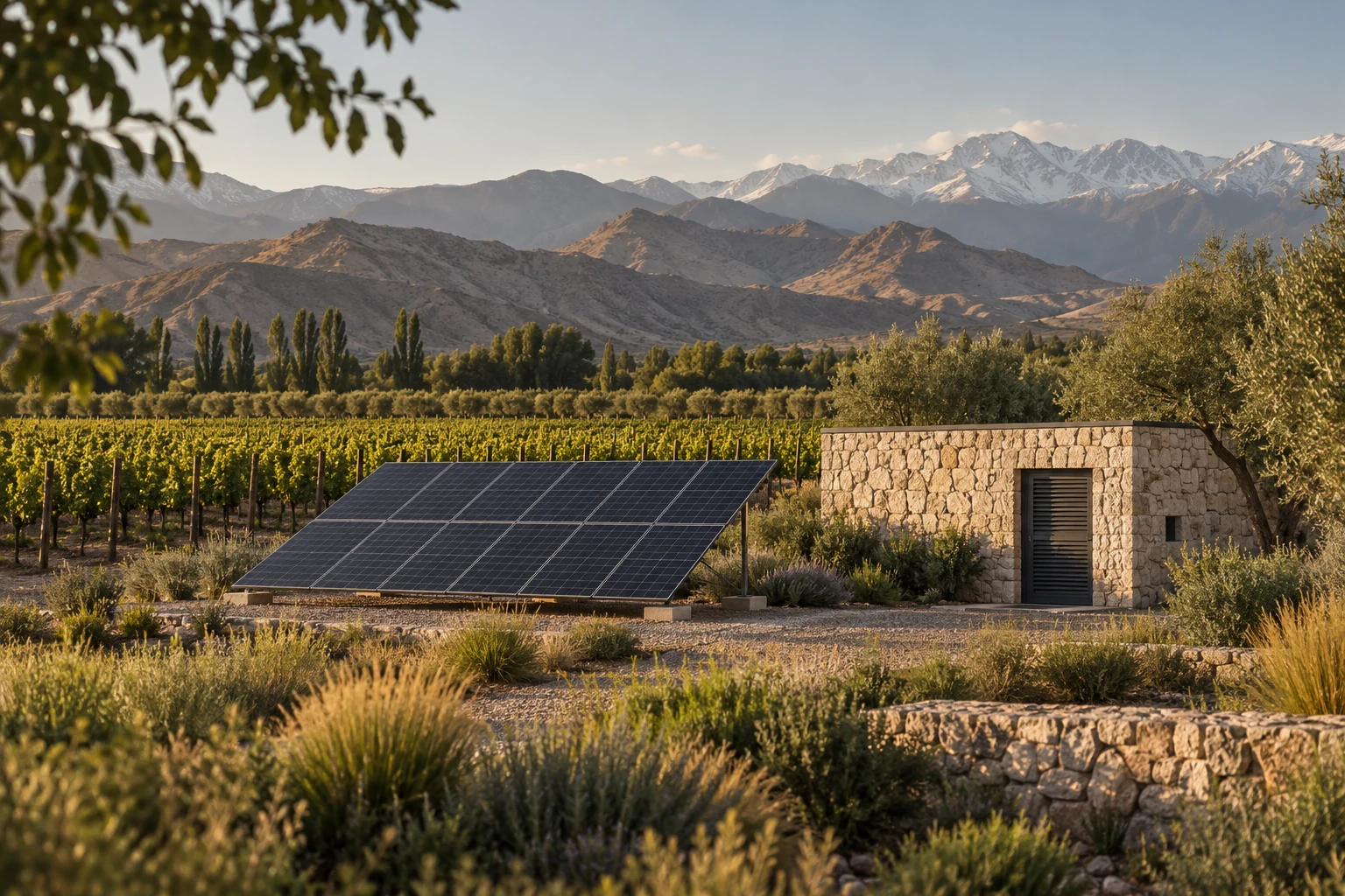 Concept of solar panels and a discreet energy equipment building