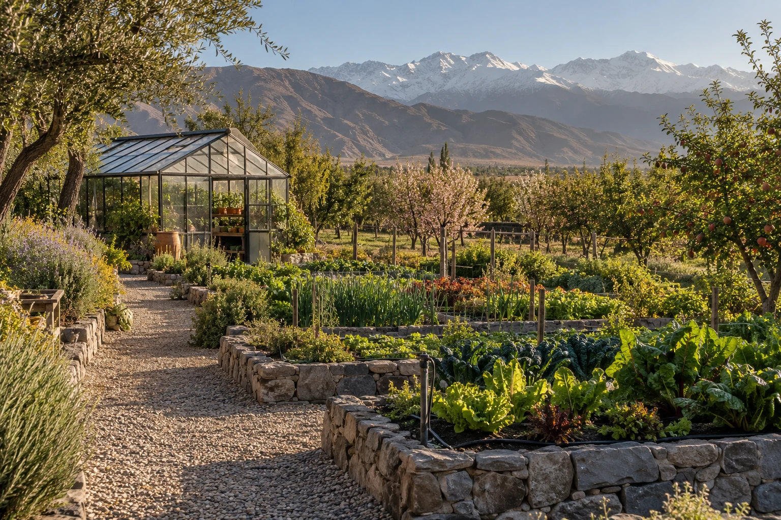 Concept of productive garden beds, orchard and greenhouse