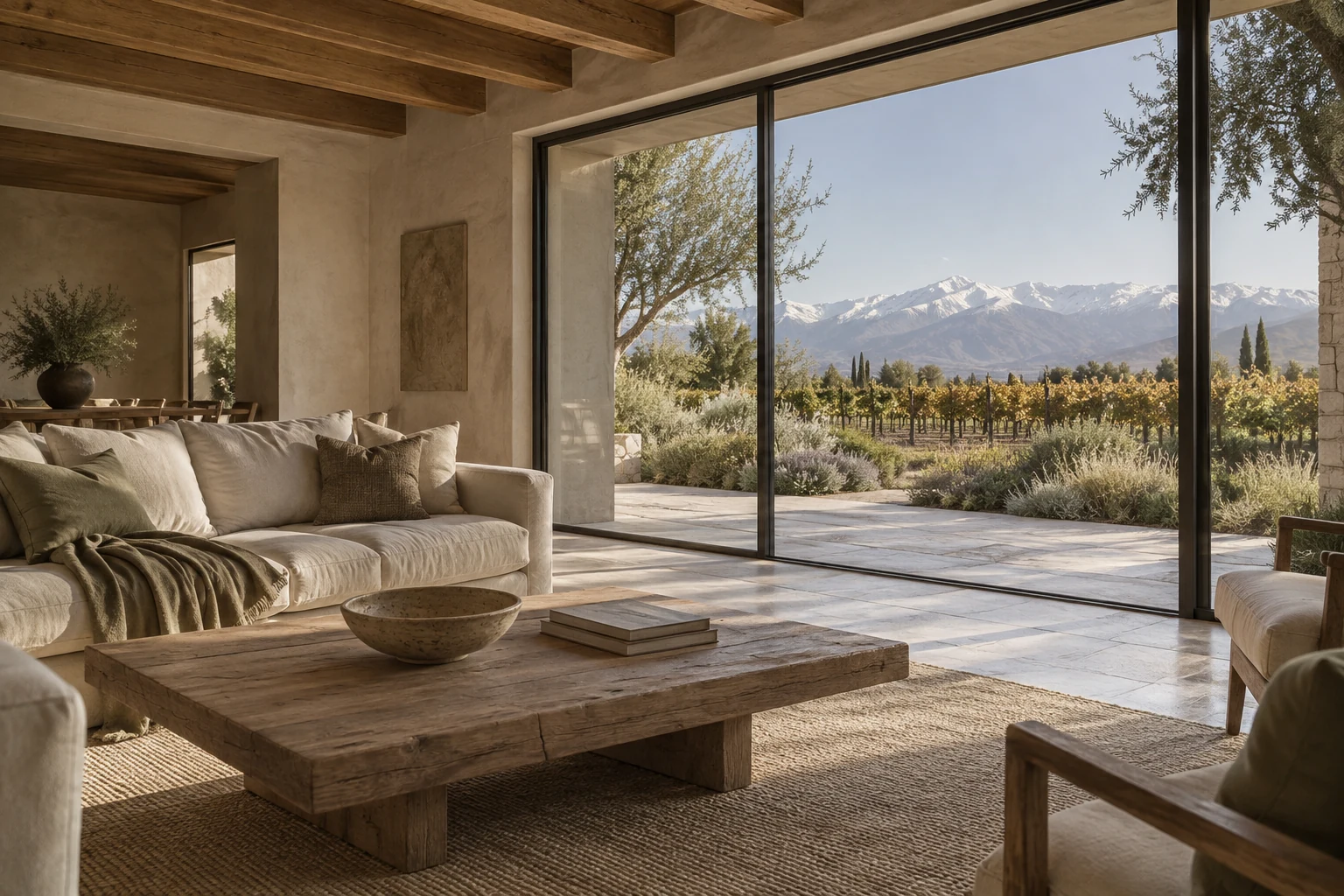 Concept of a stone and timber living room opening to a vineyard garden